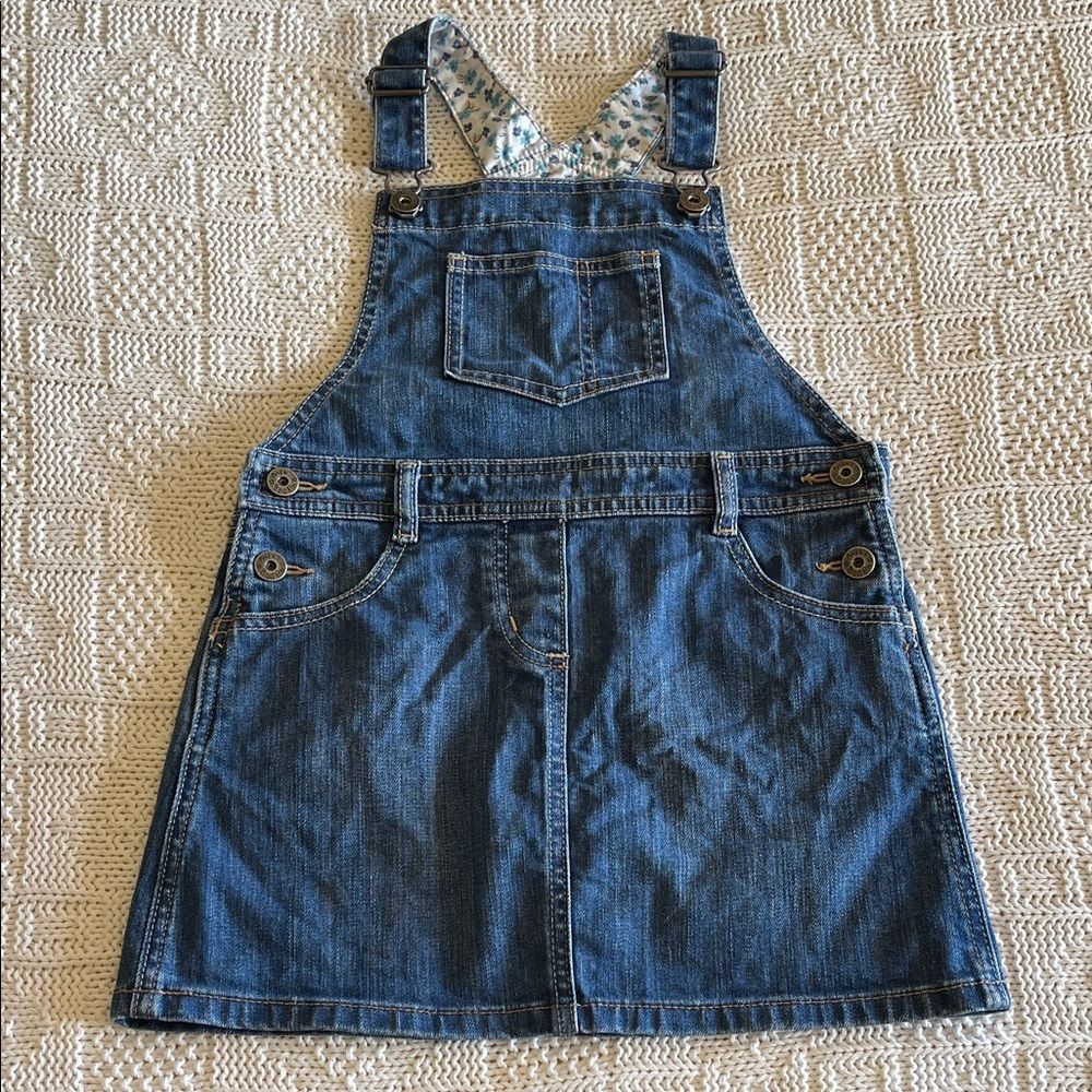 Mini Boden Denim Heart Pocket Overall Dress Jumper Heart Pockets Girls EUC